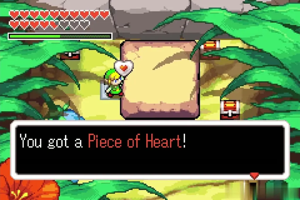 Link holding up the Piece of Heart behind the block in the schoolyard Link holding up the Piece of Heart behind the block in the schoolyard