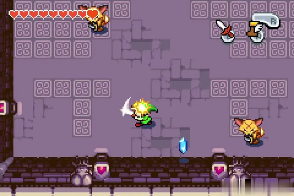 Link swinging his sword at foxlike monsters in the purple arena Link swinging his sword at foxlike monsters in the purple arena