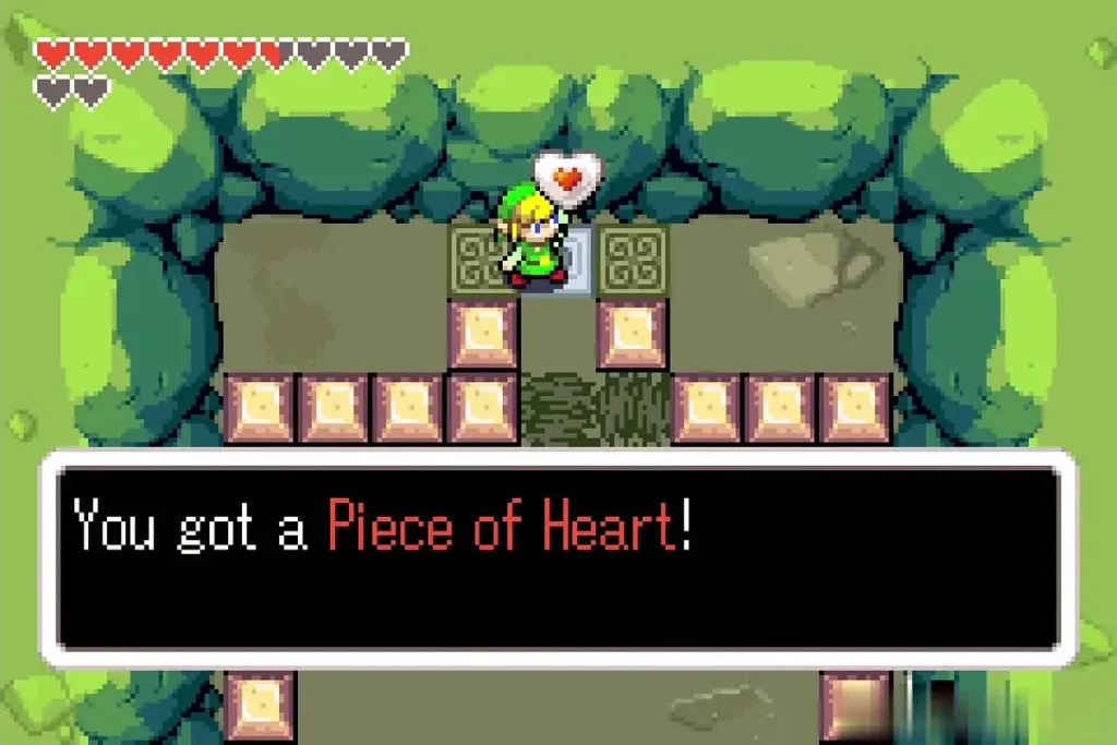 Link holding up the Piece of Heart in the Spiny Beetle block room Link holding up the Piece of Heart in the Spiny Beetle block room