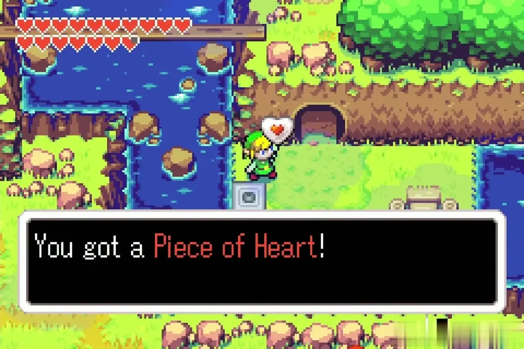 Link holding up the Piece of Heart beside the stream Link holding up the Piece of Heart beside the stream
