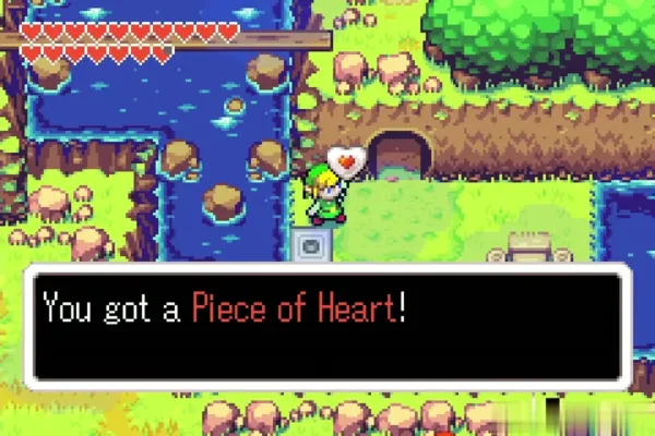Link holding up the Piece of Heart beside the stream Link holding up the Piece of Heart beside the stream