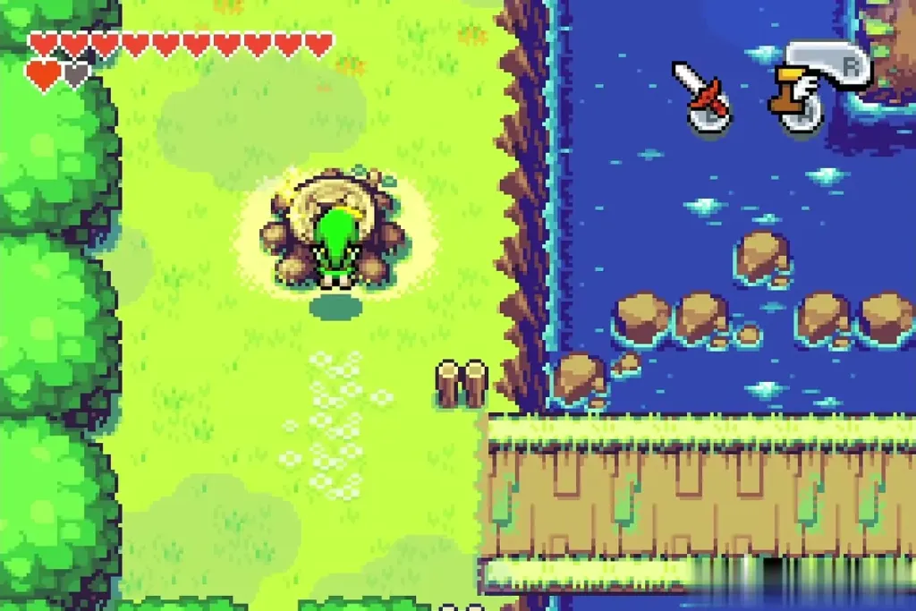 Link shrinking on the tree stump beside the river Link shrinking on the tree stump beside the river