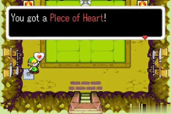 Link holding up the Piece of Heart in the dojo room Link holding up the Piece of Heart in the dojo room