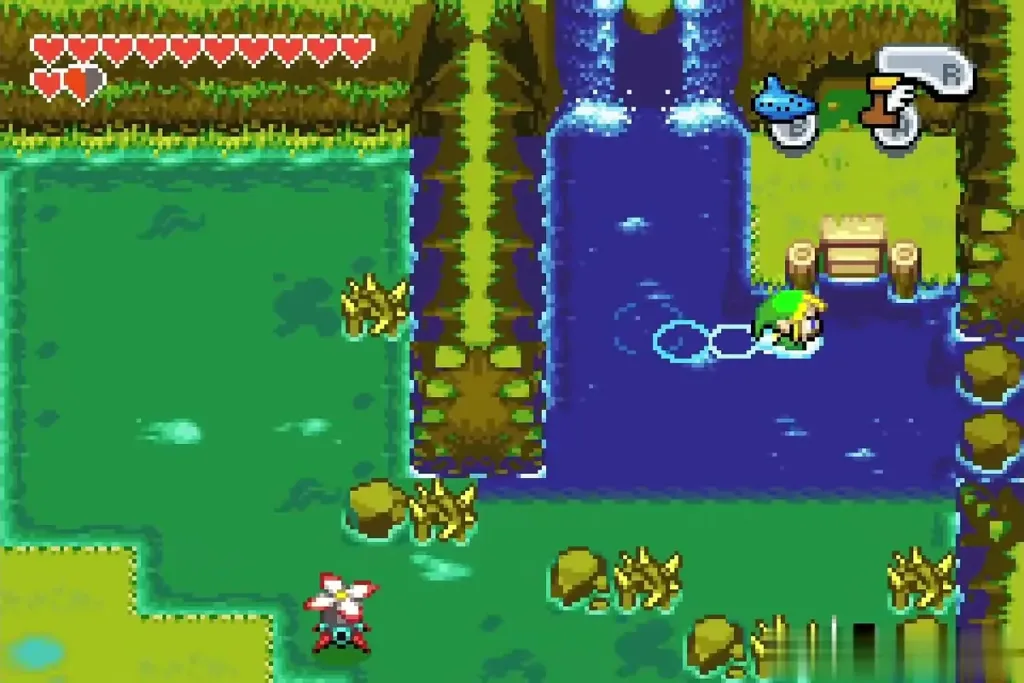 Link swimming toward the small island with the cave in the north-east swamp Link swimming toward the small island with the cave in the north-east swamp