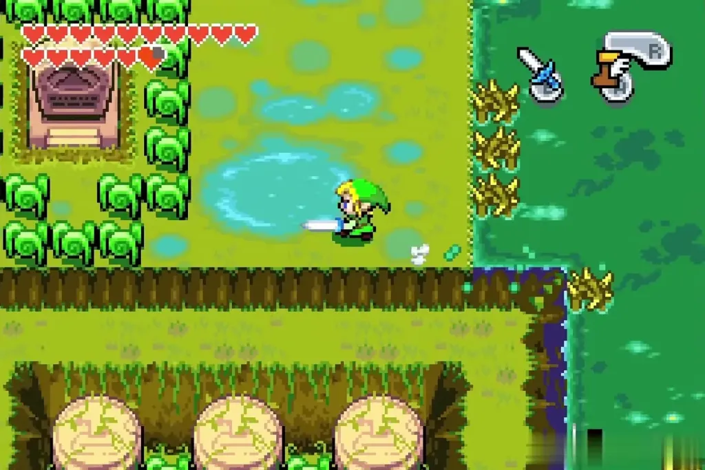 Link by the western swamp shore with a gravestone in view Link by the western swamp shore with a gravestone in view