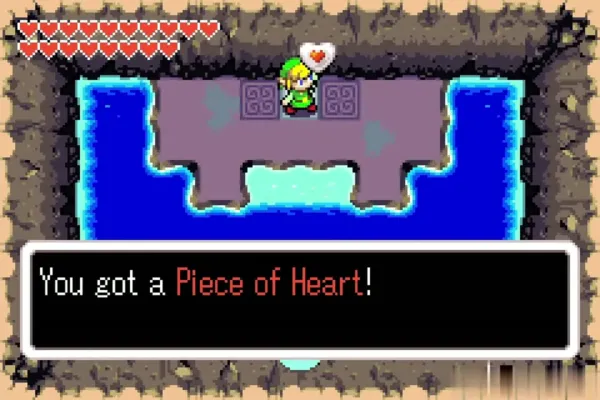 Link holding up the Piece of Heart on the risen land in the cave pool Link holding up the Piece of Heart on the risen land in the cave pool