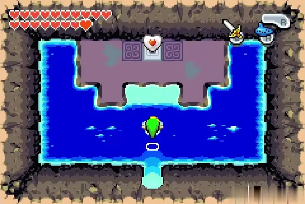 Link swimming across the cave pool toward the pedestal Link swimming across the cave pool toward the pedestal