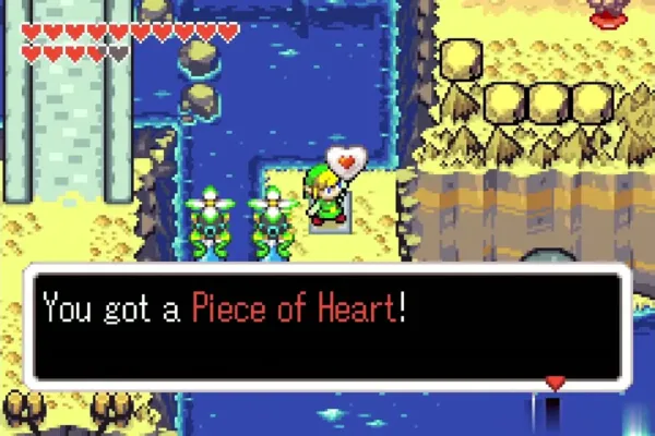 Link holding up the Piece of Heart on the sandy tile beside the dock Link holding up the Piece of Heart on the sandy tile beside the dock