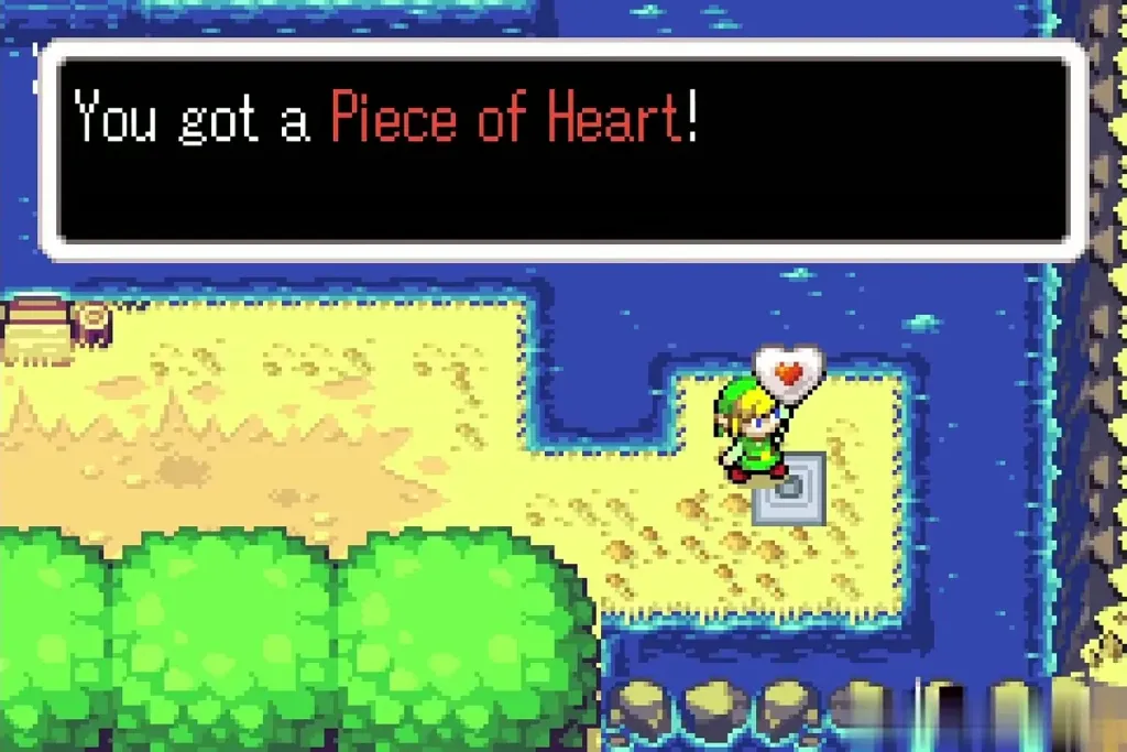 Link holding up the Piece of Heart on the lakeside ledge Link holding up the Piece of Heart on the lakeside ledge