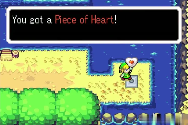 Link holding up the Piece of Heart on the lakeside ledge Link holding up the Piece of Heart on the lakeside ledge