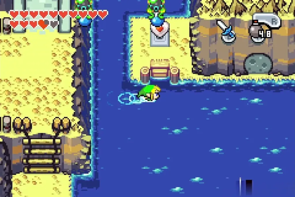 Link swimming north toward the small wooden dock Link swimming north toward the small wooden dock