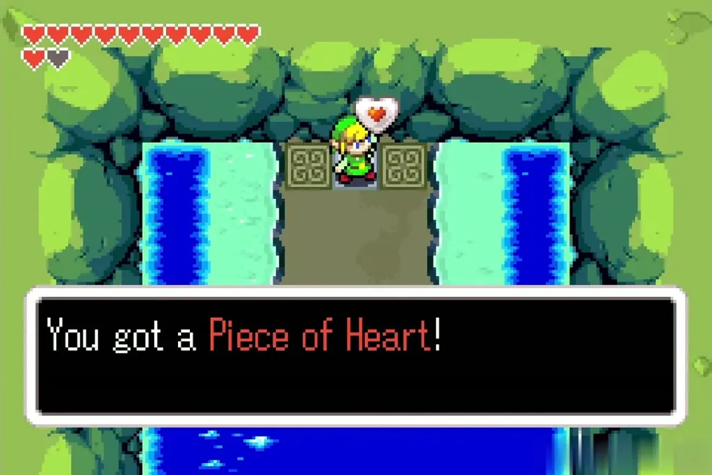 Link holding up the Piece of Heart in the water-guarded cave Link holding up the Piece of Heart in the water-guarded cave