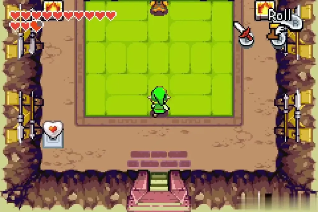 Link entering Waveblade's dojo hall with the Piece of Heart pedestal on the left Link entering Waveblade's dojo hall with the Piece of Heart pedestal on the left