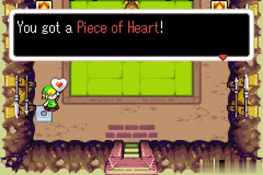 Link holding up the Piece of Heart in Waveblade's dojo Link holding up the Piece of Heart in Waveblade's dojo