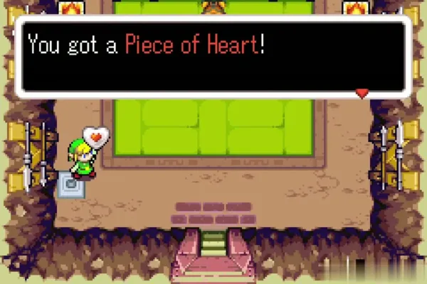 Link holding up the Piece of Heart in Waveblade's dojo Link holding up the Piece of Heart in Waveblade's dojo