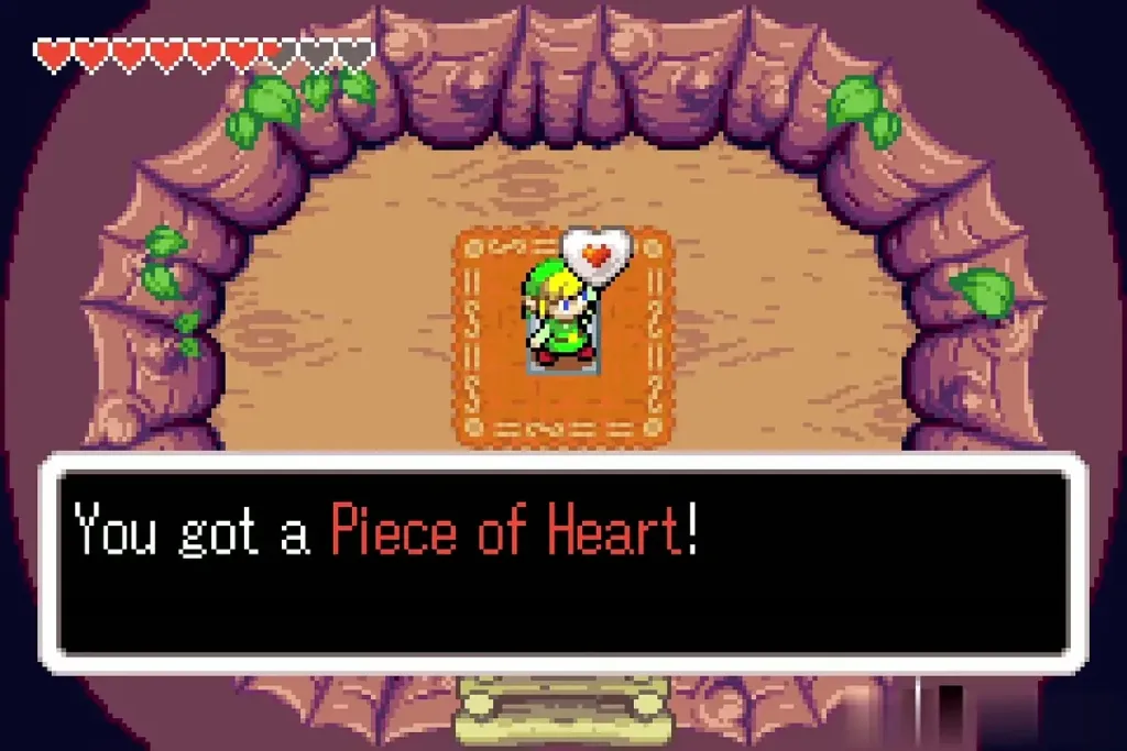 Link holding up the Piece of Heart inside the hollow tree cave Link holding up the Piece of Heart inside the hollow tree cave