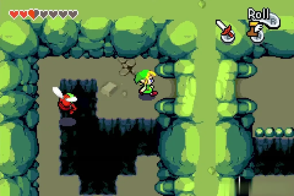 Link in the leafy Wind Ruins cave beside the pits and a red winged enemy Link in the leafy Wind Ruins cave beside the pits and a red winged enemy