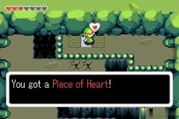 Link holding up the Piece of Heart in the Wind Ruins cave Link holding up the Piece of Heart in the Wind Ruins cave