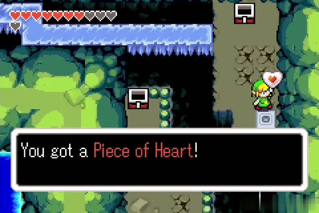 Link holding up the Piece of Heart on the cave pedestal Link holding up the Piece of Heart on the cave pedestal