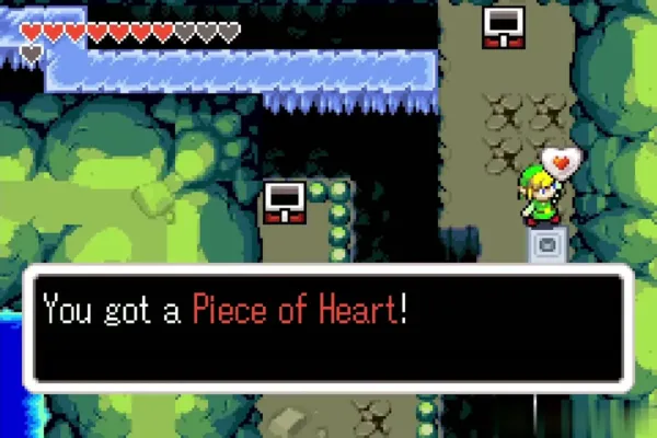 Link holding up the Piece of Heart on the cave pedestal Link holding up the Piece of Heart on the cave pedestal