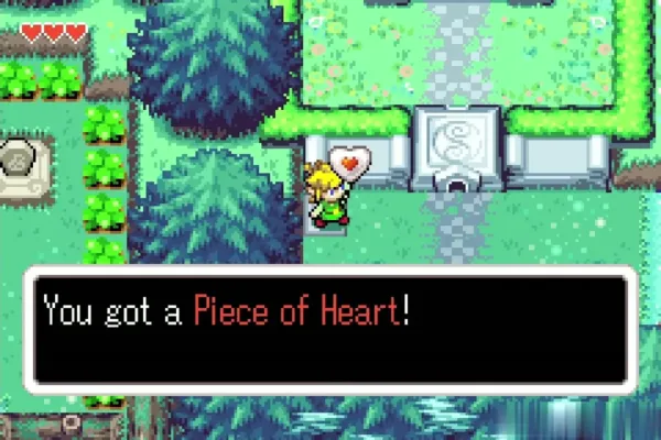 Link holding up the Piece of Heart on the Minish Woods path Link holding up the Piece of Heart on the Minish Woods path