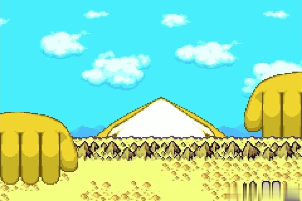 Biggoron's two giant hands rise from the earth at Veil Springs beside the cracked mound