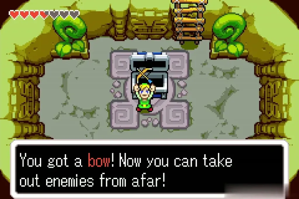 Link holding up the bow after the item-get message in the Castor Wilds cavern