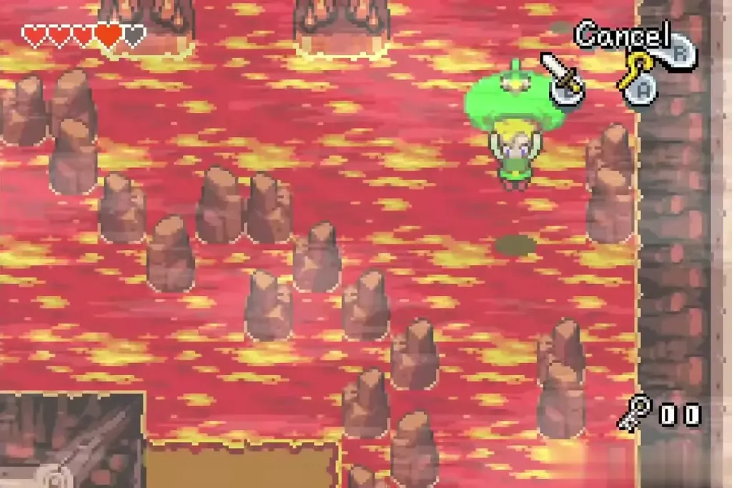 Link under a green Cane of Pacci burst on the lava in the Cave of Flames