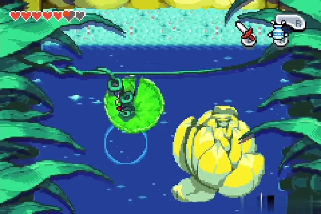 Minish Link on a giant lily pad crossing the water in the Castor Wilds