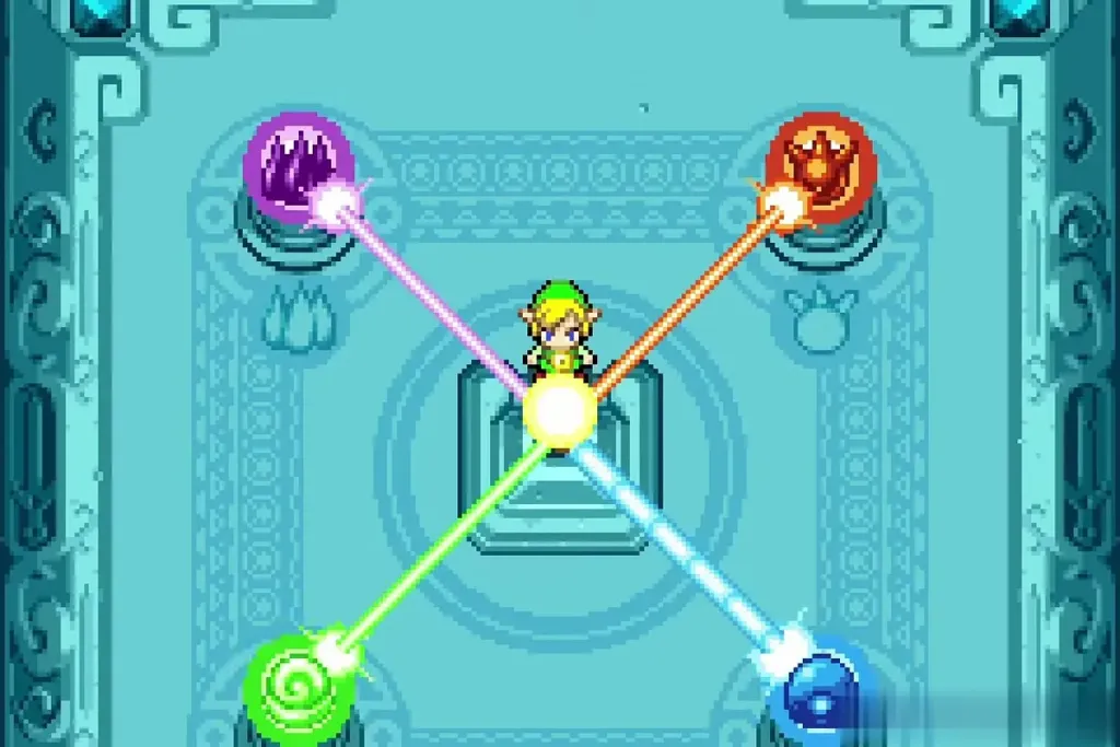 Four colored Elements linked by light beams around Link in the Elemental Sanctuary