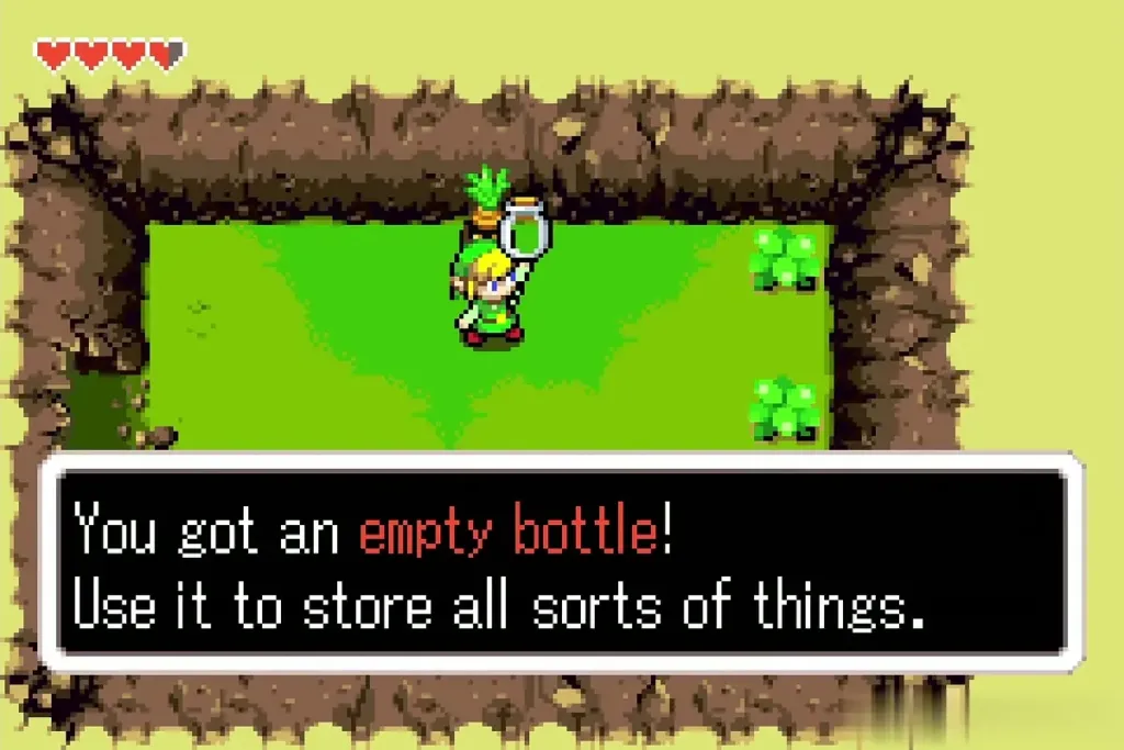 Link holding up an empty bottle after the You got an empty bottle item-get message