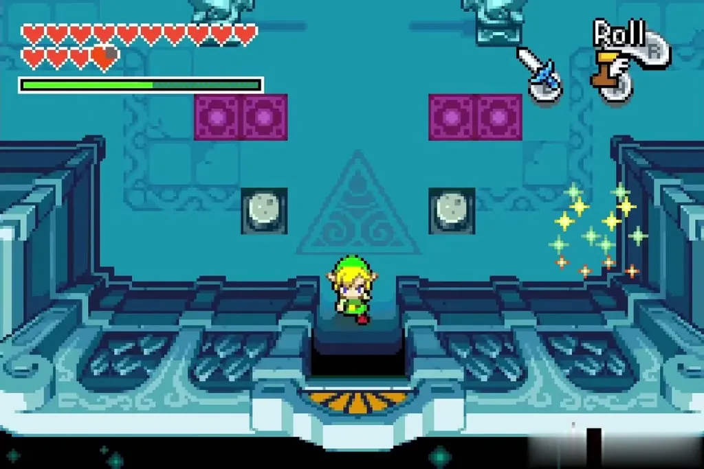 Link with two clones beside him in the Elemental Sanctuary after the Four Sword split