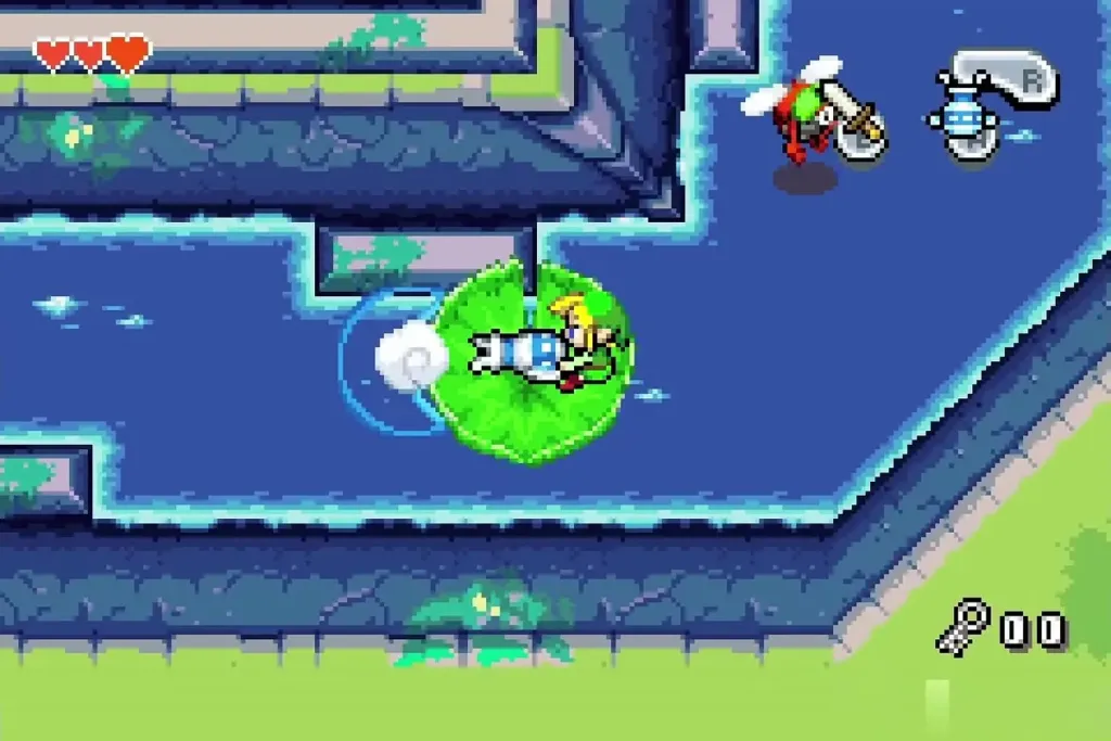 Link riding a lily pad with the Gust Jar blowing a white puff in the water section
