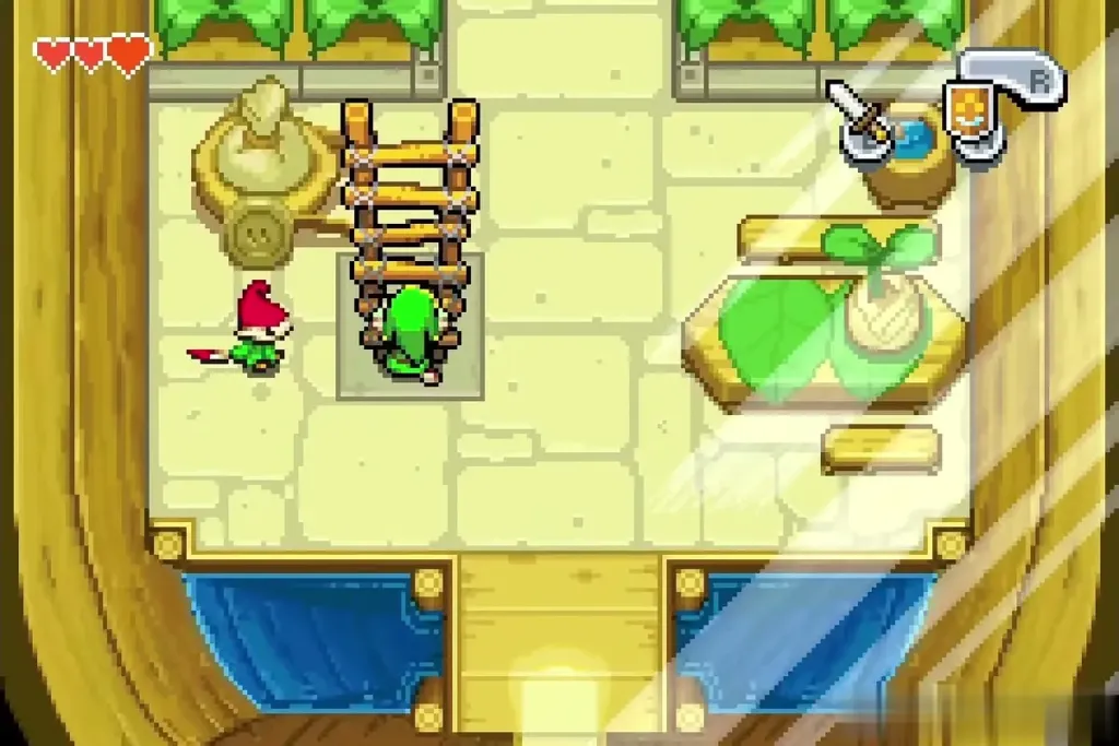 Link at a wooden ladder beside a crate in Minish Village