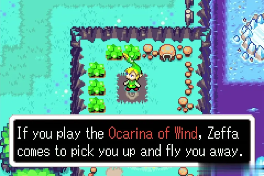 Link on the Lake Hylia Wind Crest tile as the message explains the Ocarina of Wind calls Zeffa