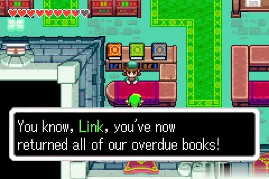 Librarian at the Hyrule Town library telling Link he has returned all the overdue books