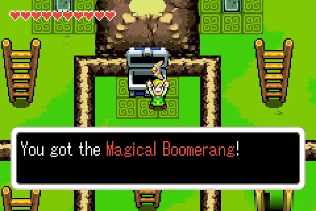 Link raising the Magical Boomerang after the item-get message beside the chest in the ladder maze