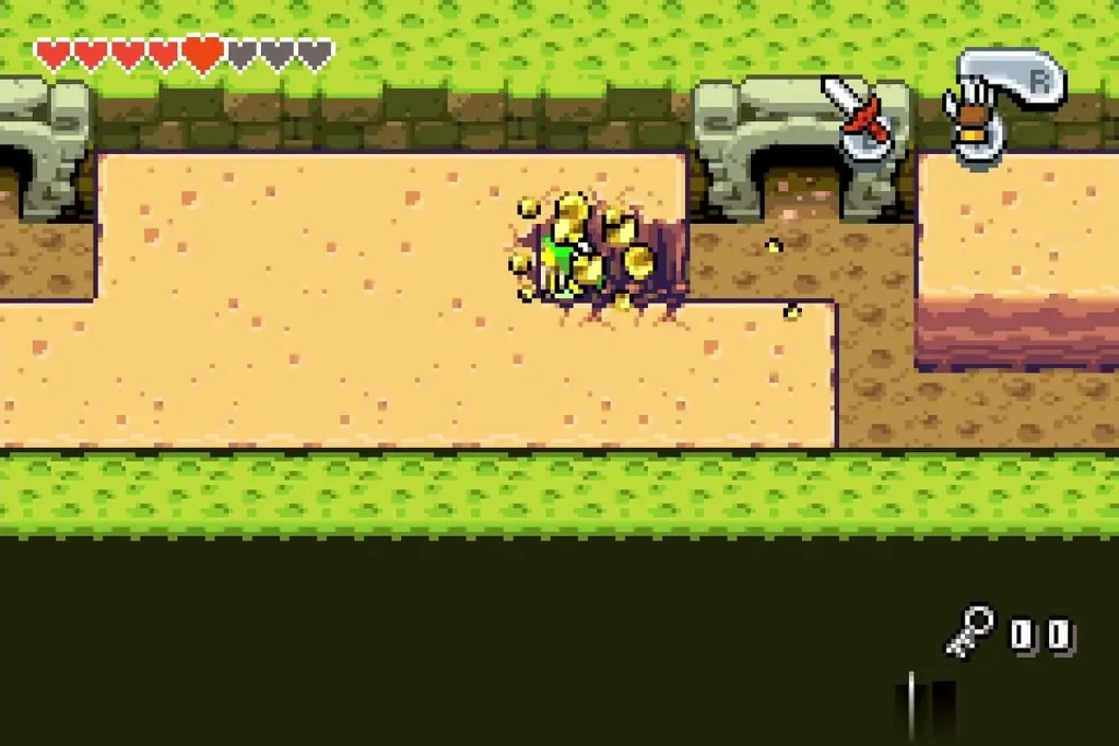 Link digging into the sand ledge with the Mole Mitts in the Fortress of Winds