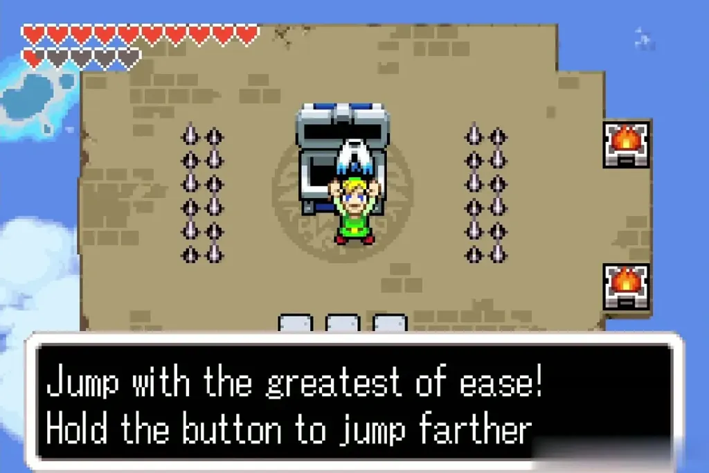 Link in the Palace of Winds chest room under the Roc's Cape jump hint message