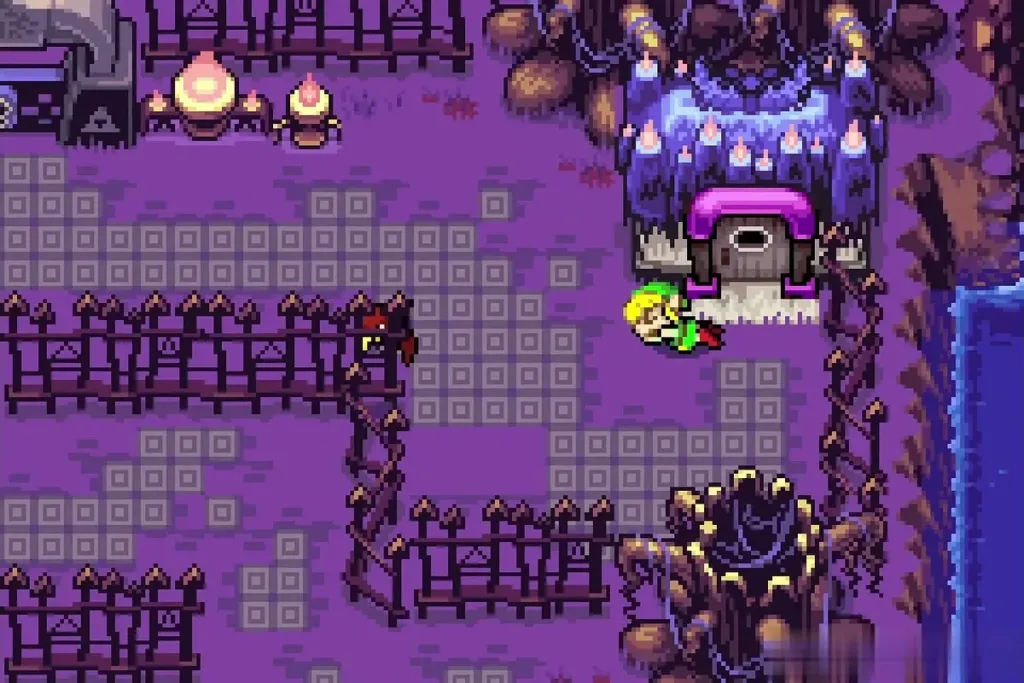 Link in the purple graveyard area in front of the Royal Crypt gate
