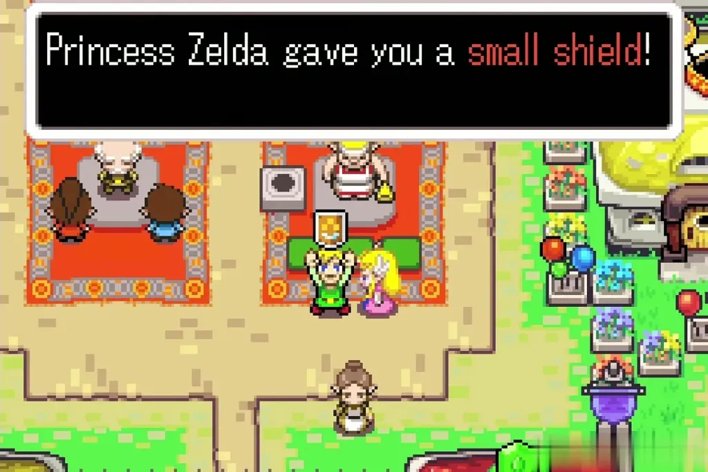 Link beside Princess Zelda after the Small Shield item-get message at the Picori Festival