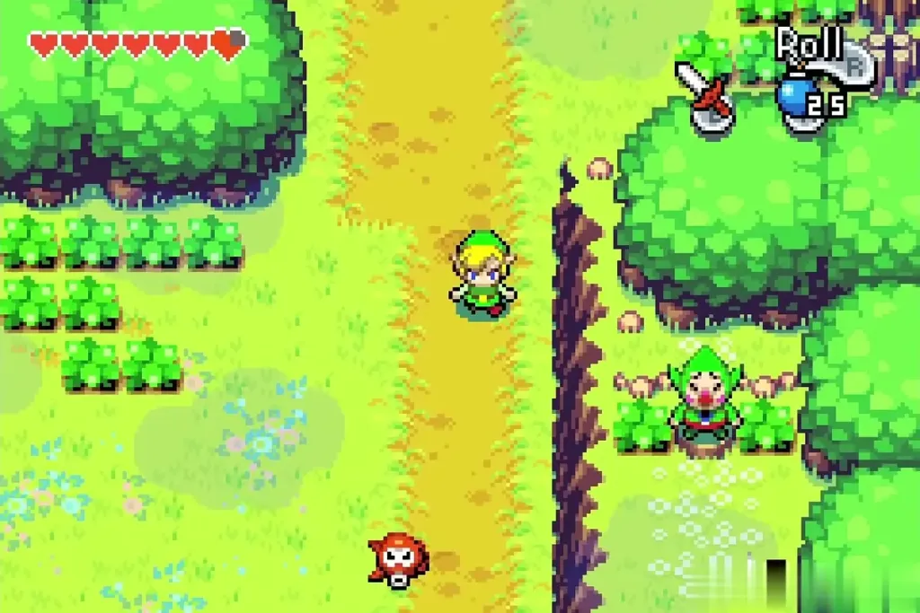 Tingle standing in the bushes of South Hyrule Field as Link walks past