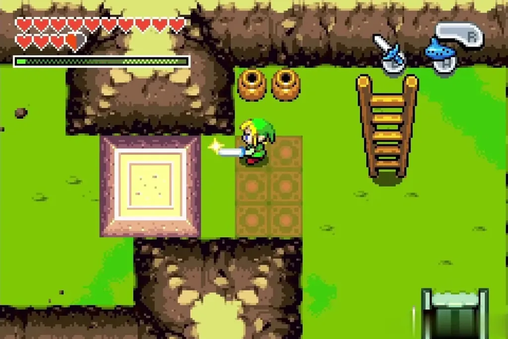 Link beside the warp tile on the North Hyrule Field plateau