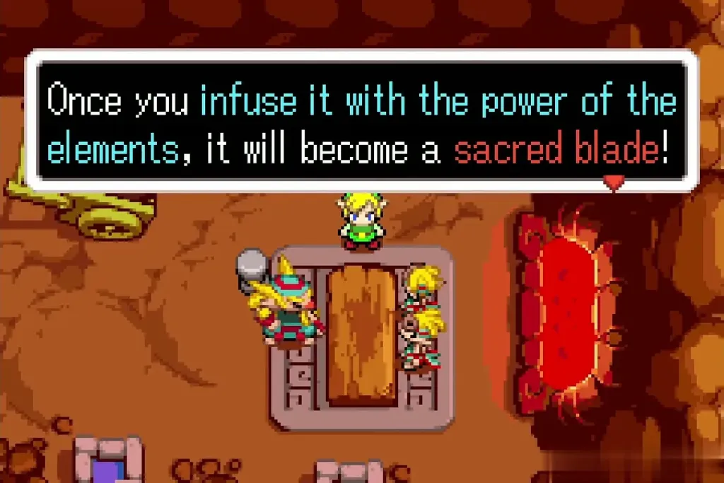 Melari at the forge explaining that infusing the White Sword with the elements makes it a sacred blade