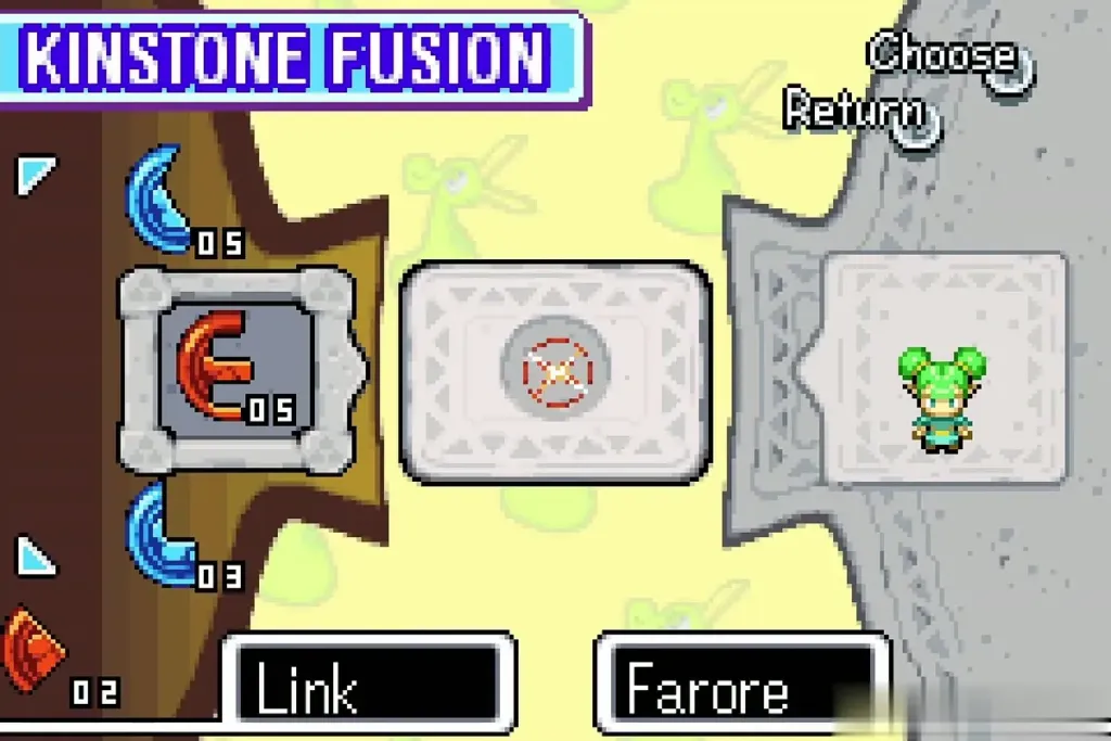 Kinstone Fusion screen with Link's red piece joining Farore's piece