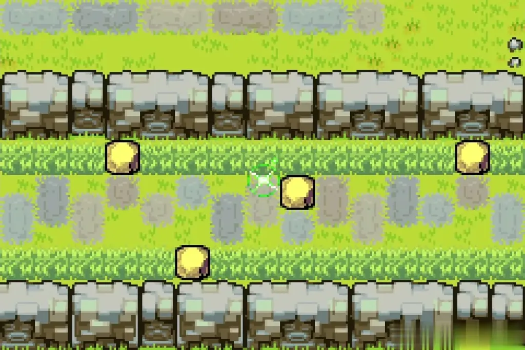 Three golden shapes on a grass path between stone walls after the fusion with Librari