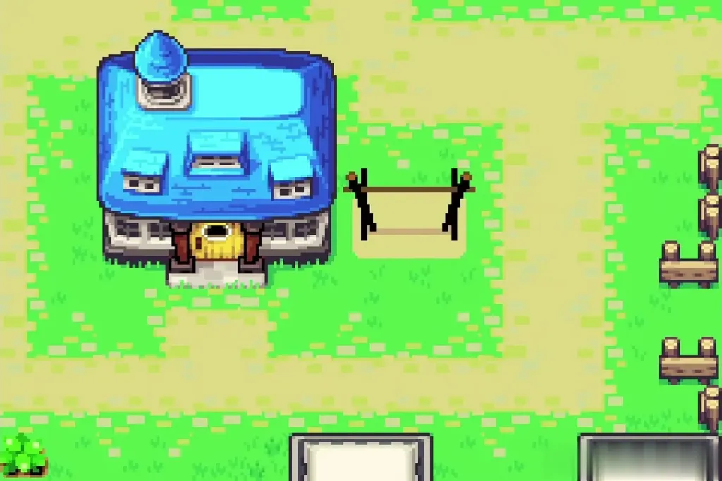 A blue house in Hyrule Town with an empty yard beside it