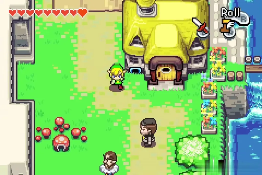 Link outside the yellow-roofed house at the western end of Hyrule Town