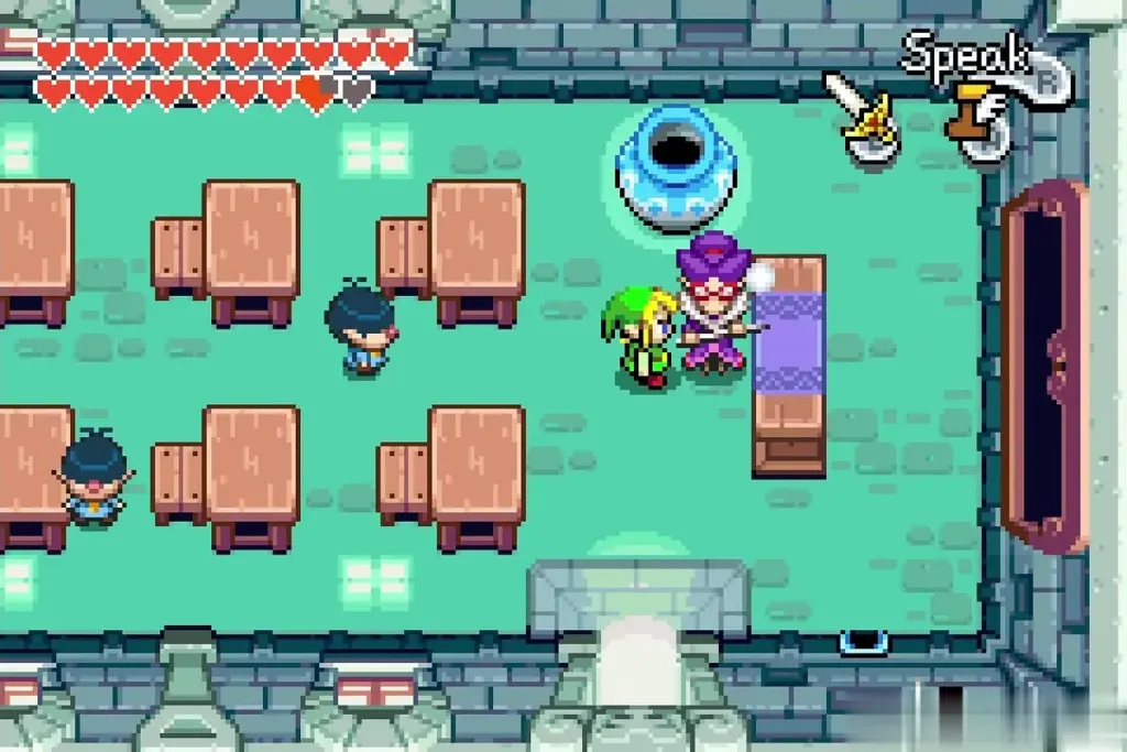 Link talking to Tina, the purple-haired teacher, in the Hyrule Town school