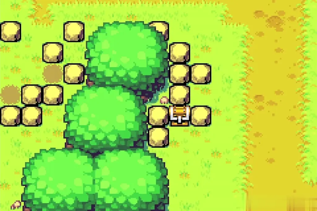 A chest appearing among the golden boulders in the Trilby Highlands